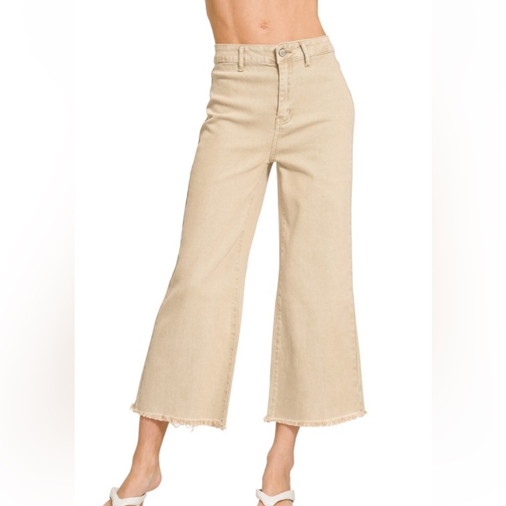 ACID WASHED HIGH WAIST FRAYED HEM STRAIGHT WIDE PANTS| Sand Beige